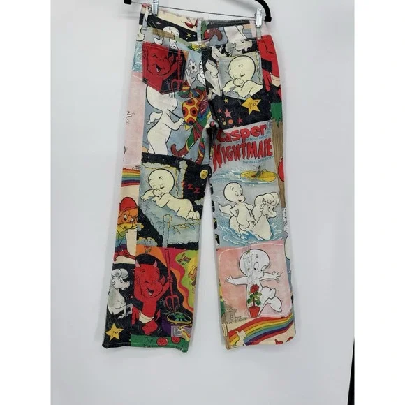Dolls Kill x Hot Stuff Casper Patchwork Wide Leg Jeans Y2K Cartoon S 15in Rare - Picture 2 of 10